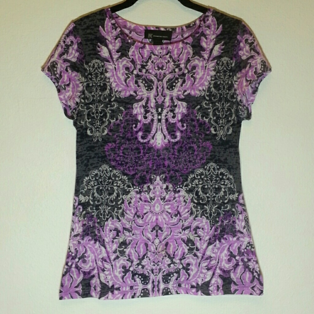 I.N.C Pink & Grey Printed Tee with Bling M
